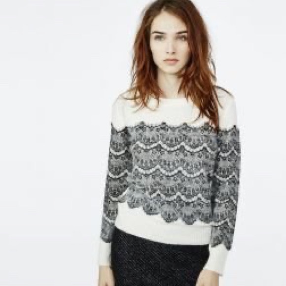 Maje White Sweater with Black Lace - Picture 1 of 6